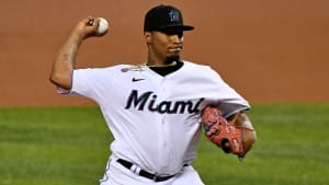 Marlins pitcher Sixto Sánchez throws against the Nationals at Marlins Park.